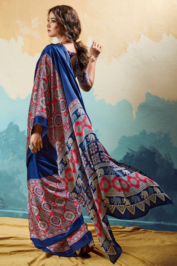 Dark Midnight Blue Ajrakh Printed Satin Silk Saree