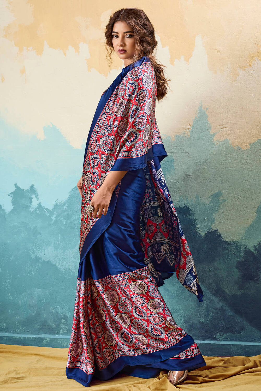 Dark Midnight Blue Ajrakh Printed Satin Silk Saree