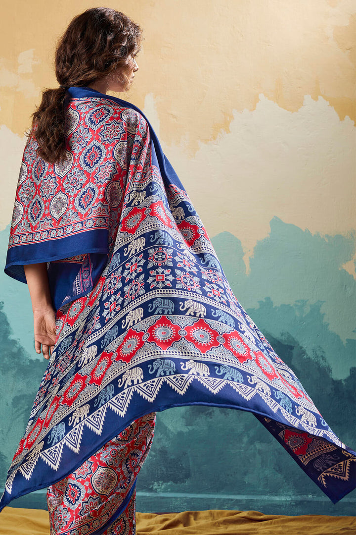 Dark Midnight Blue Ajrakh Printed Satin Silk Saree
