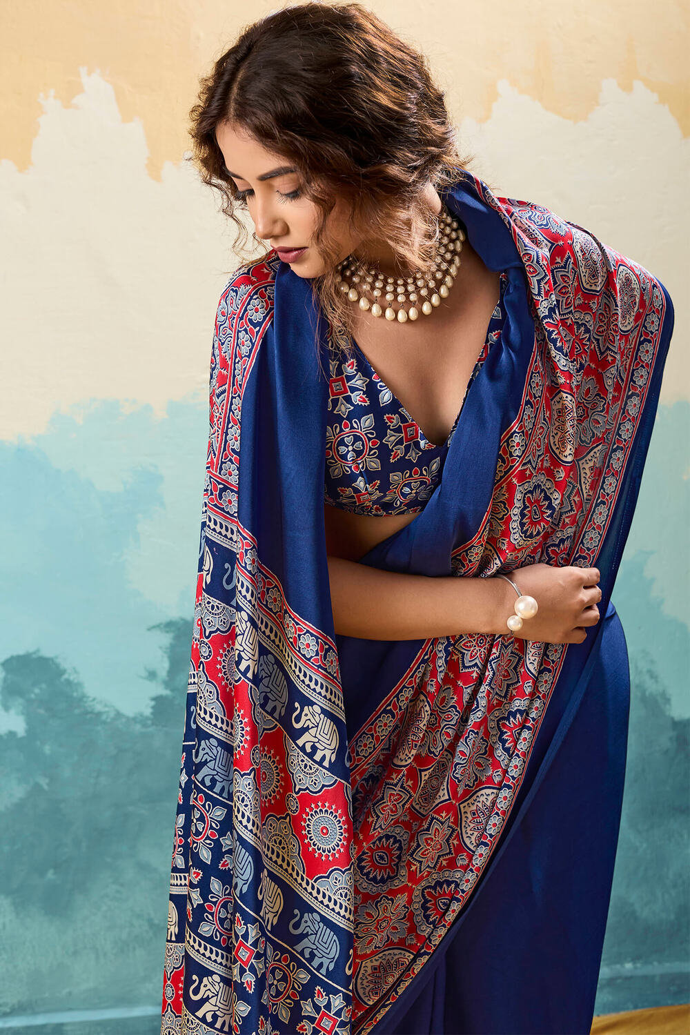 Dark Midnight Blue Ajrakh Printed Satin Silk Saree