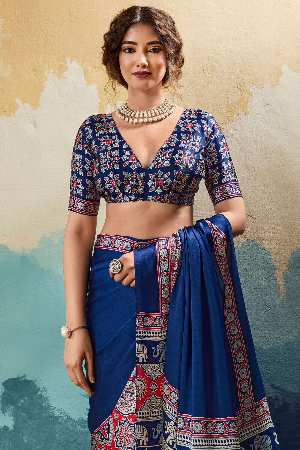 Dark Midnight Blue Ajrakh Printed Satin Silk Saree