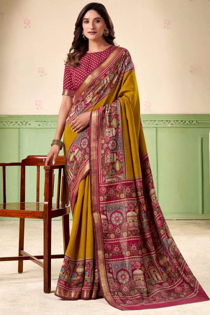 Dark Mustard Printed Mul cotton Silk Saree