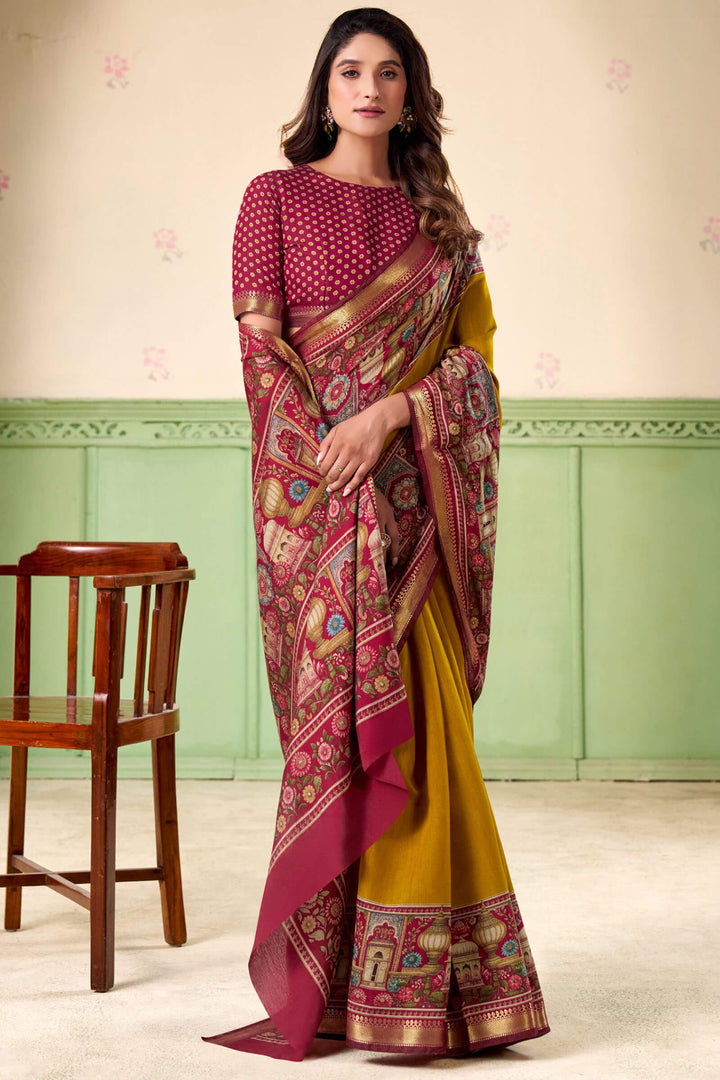 Dark Mustard Printed Mul cotton Silk Saree