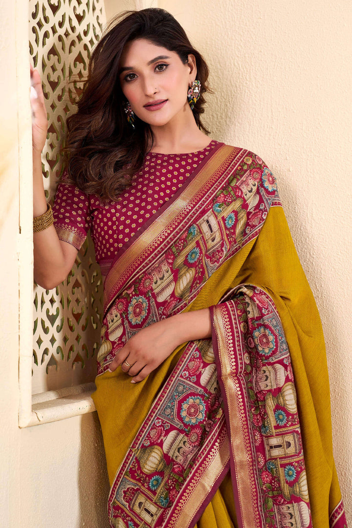 Dark Mustard Printed Mul cotton Silk Saree