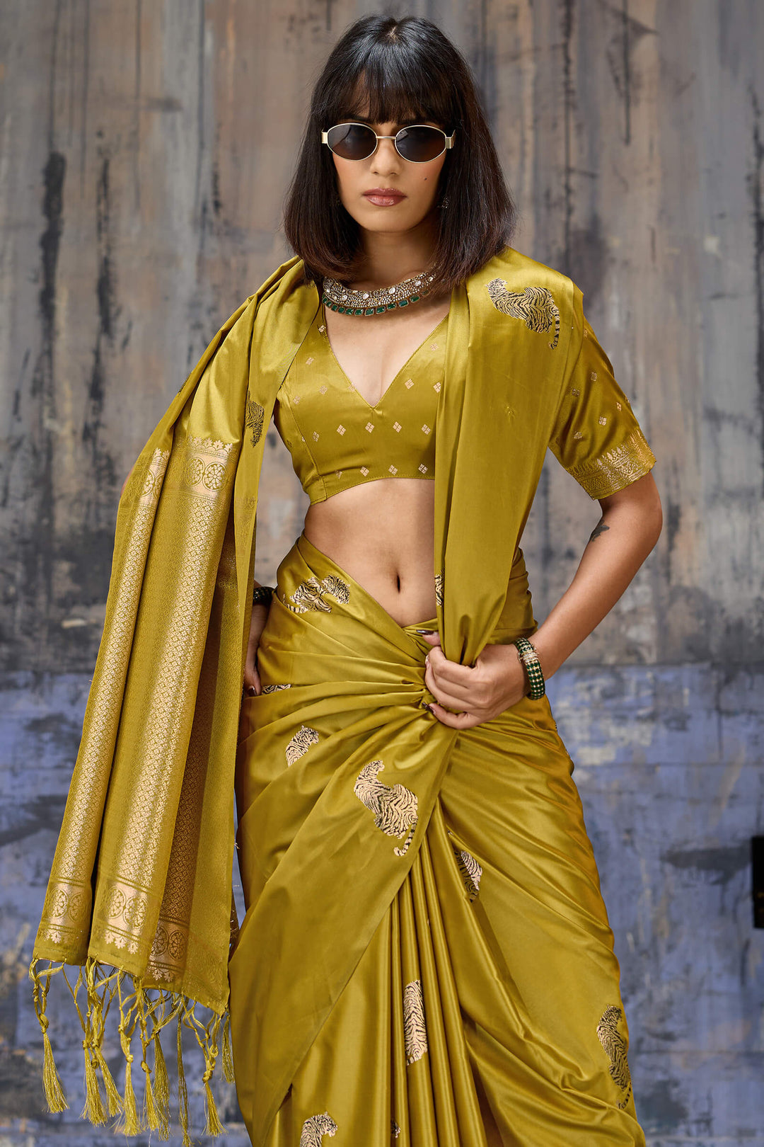 Dark Mustard Zari woven Banarasi Satin Silk Saree