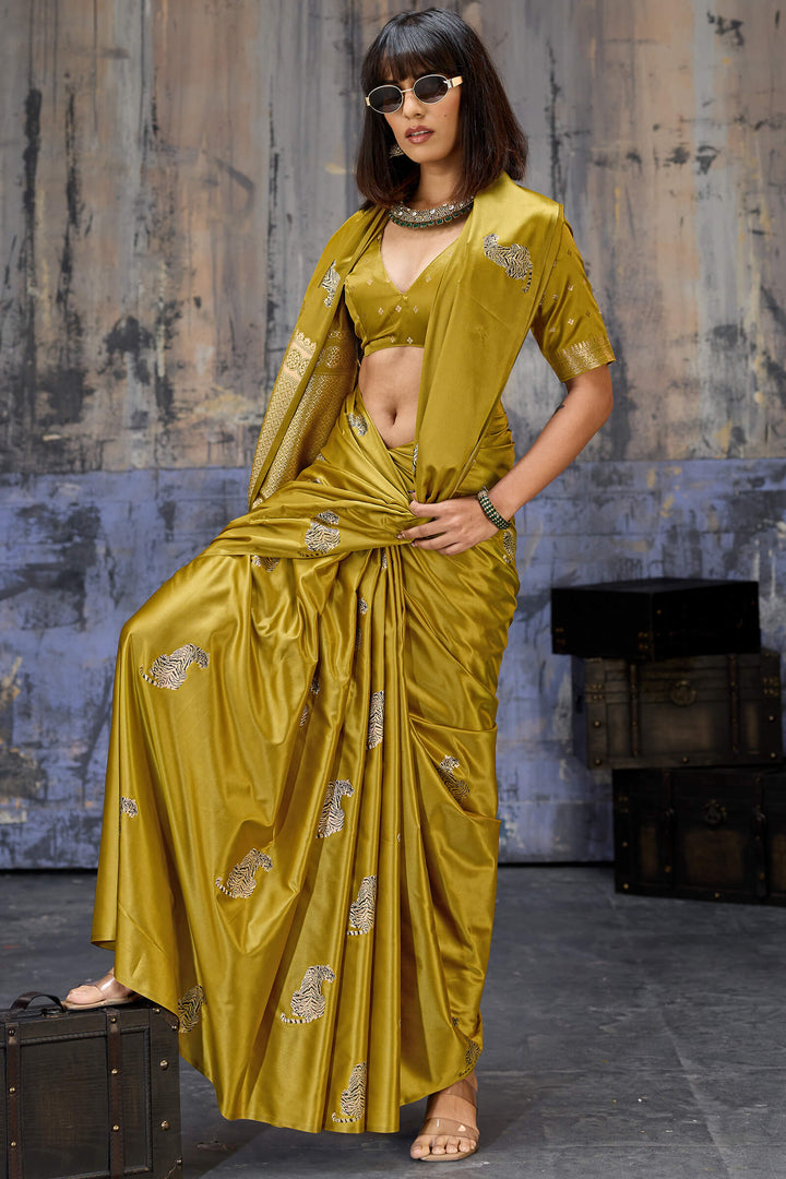 Dark Mustard Zari woven Banarasi Satin Silk Saree