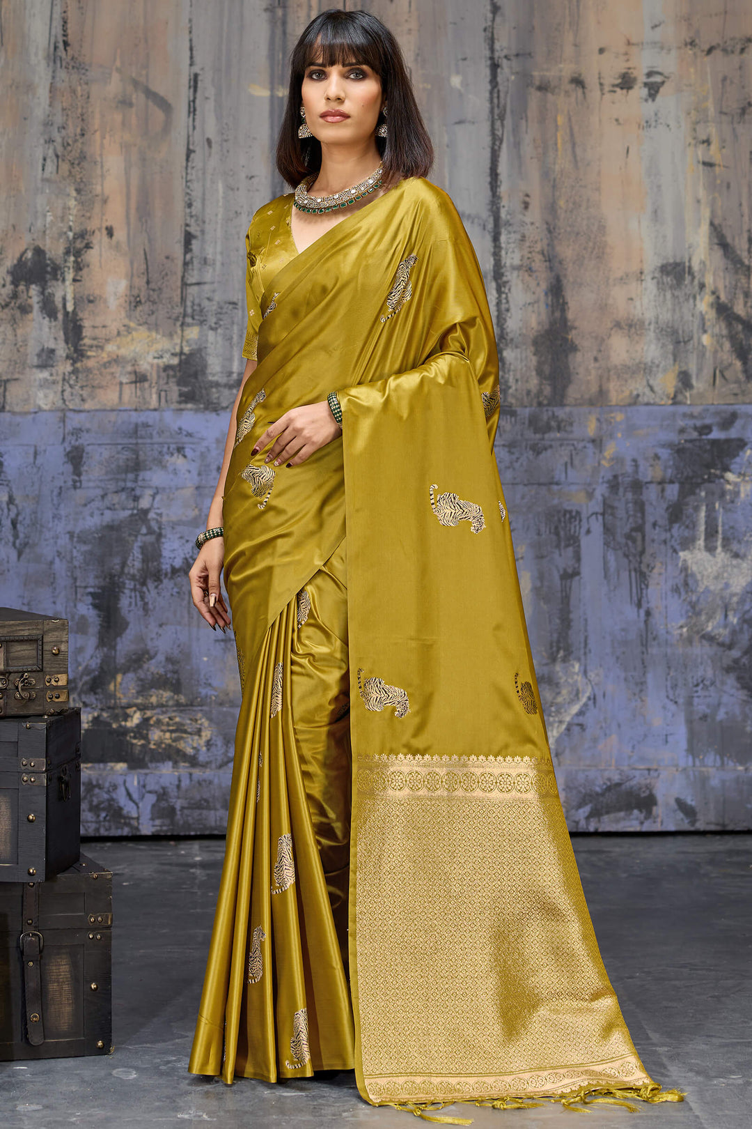 Dark Mustard Zari woven Banarasi Satin Silk Saree
