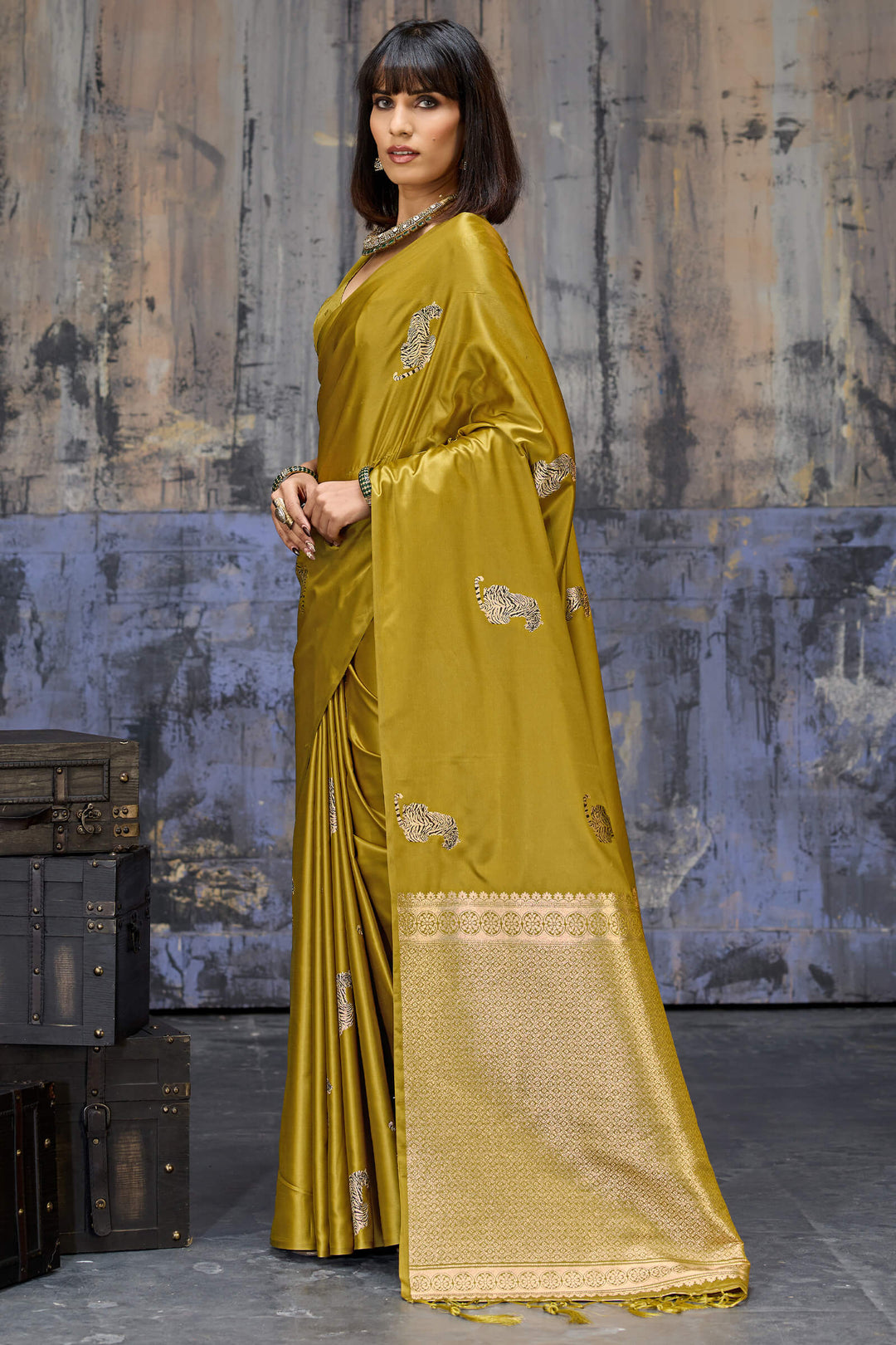 Dark Mustard Zari woven Banarasi Satin Silk Saree