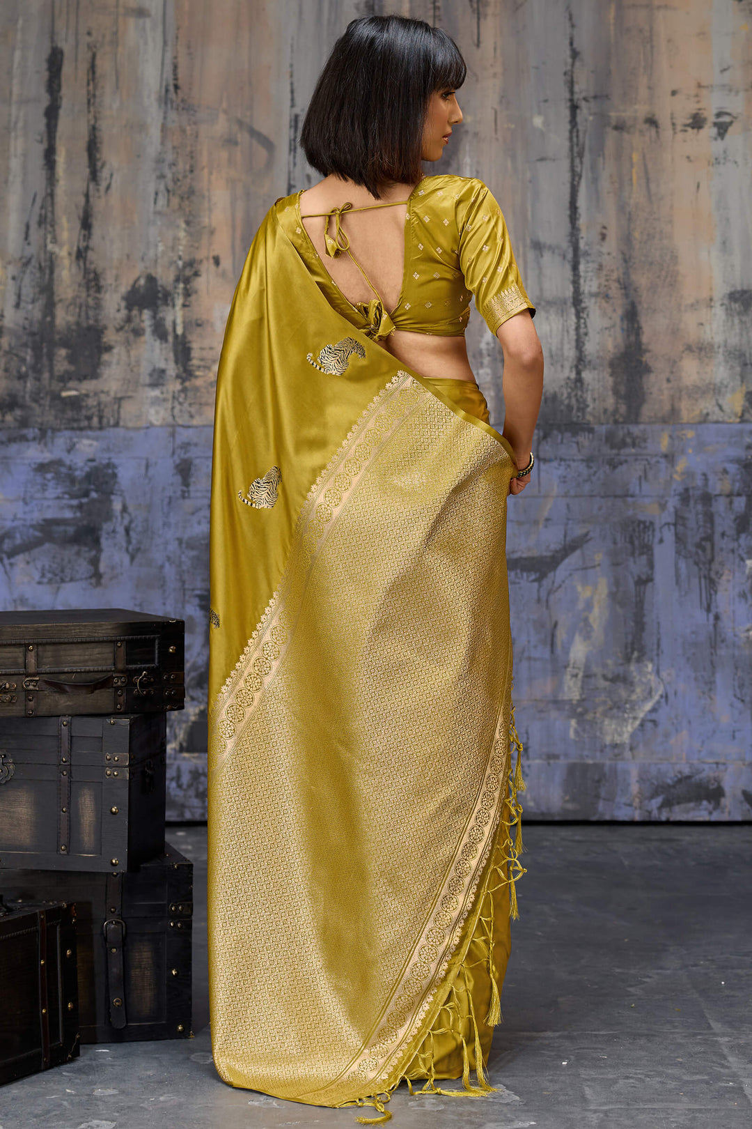 Dark Mustard Zari woven Banarasi Satin Silk Saree