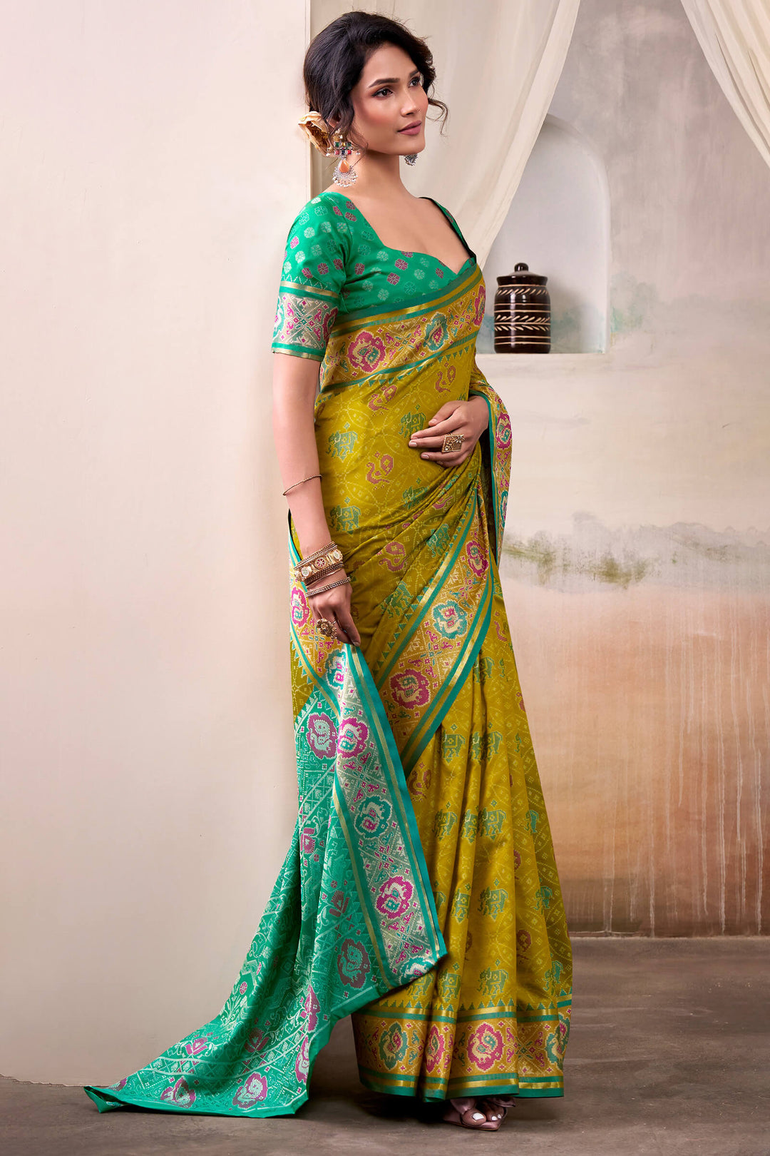 Dark Mustard Zari Woven Patola Silk Saree