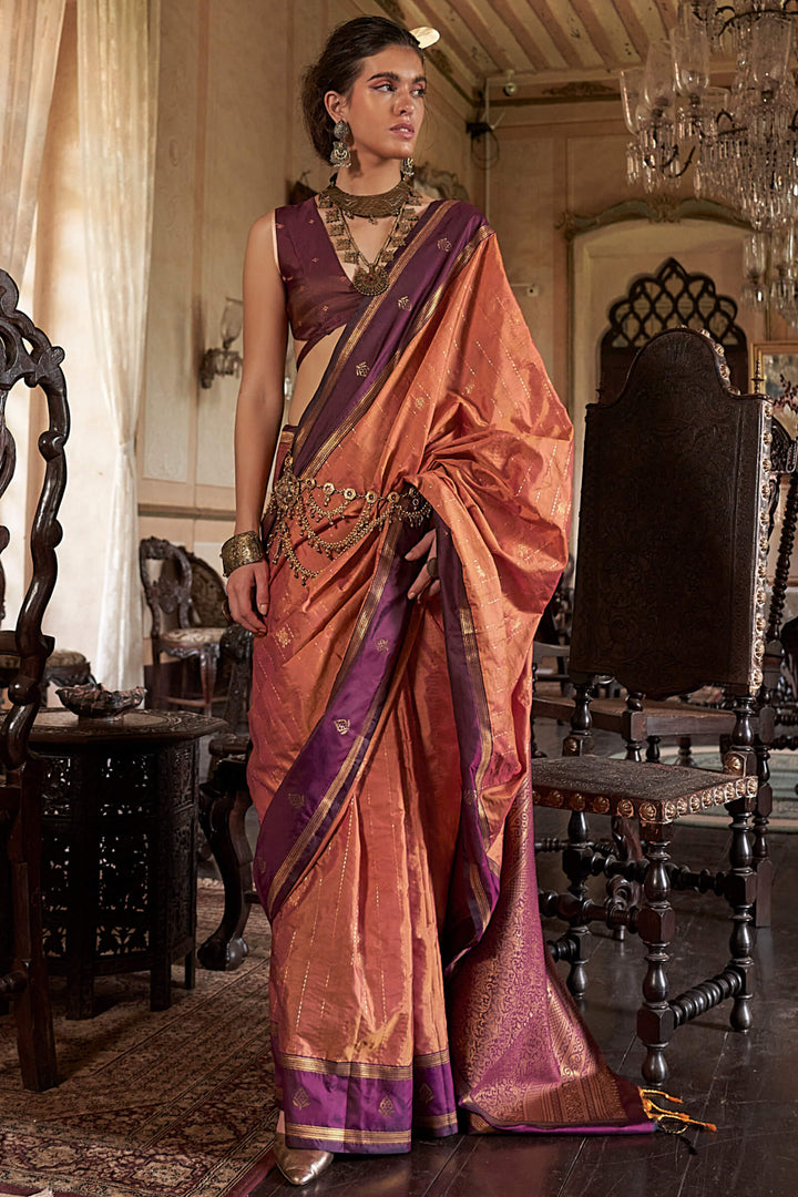 Dark Peach Banarasi Tussar Silk Saree