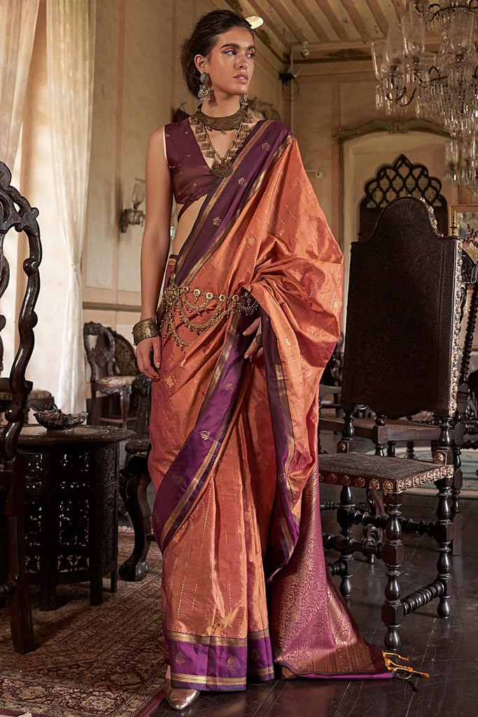 Dark Peach Banarasi Tussar Silk Saree