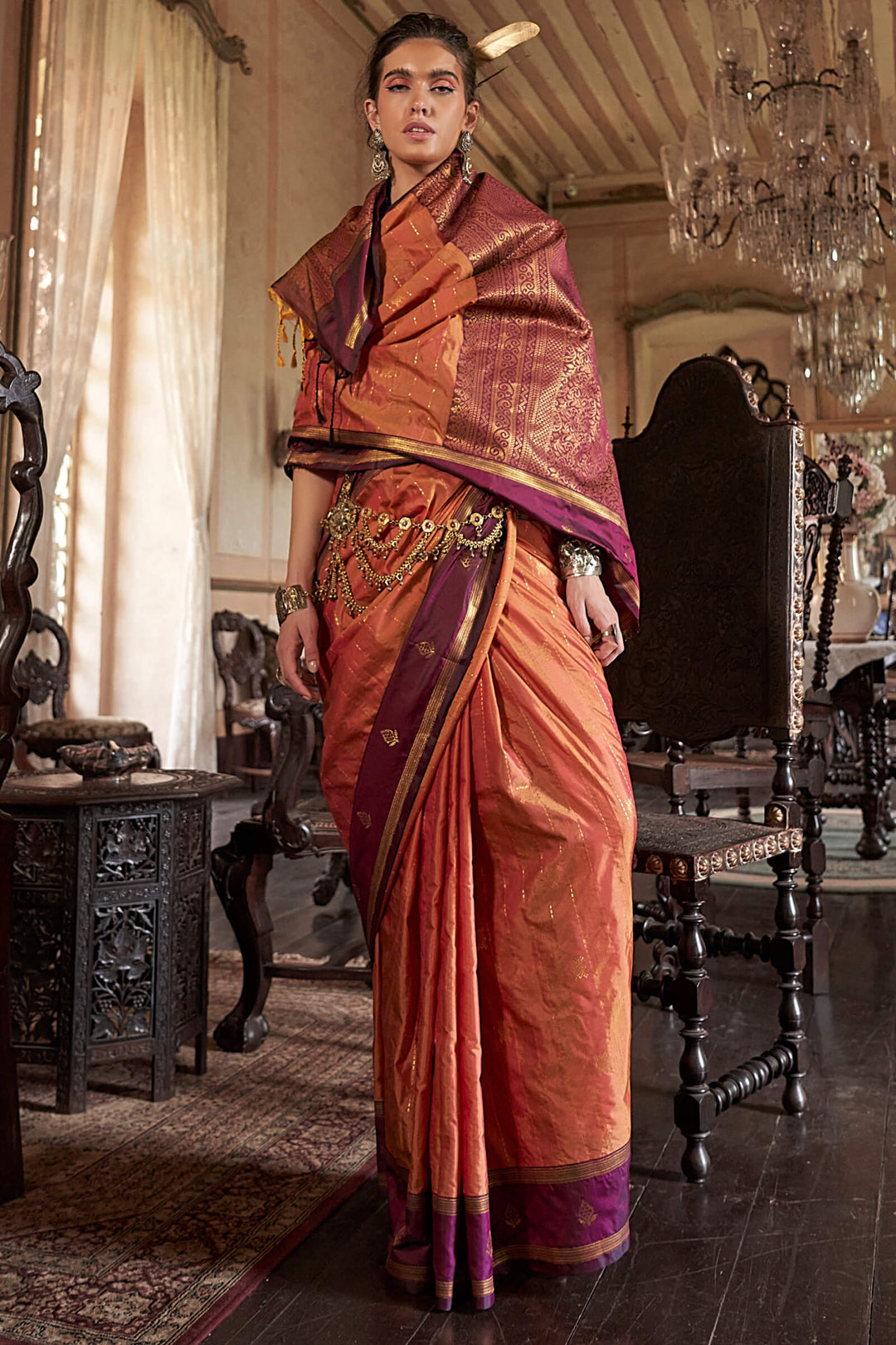 Dark Peach Banarasi Tussar Silk Saree