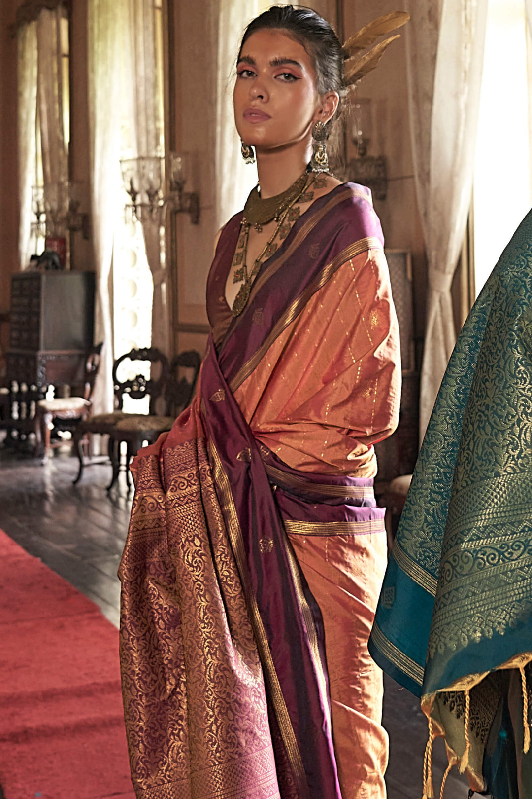 Dark Peach Banarasi Tussar Silk Saree