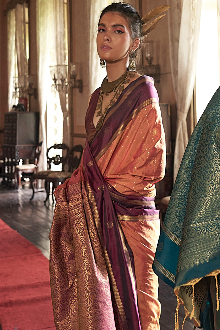 Dark Peach Banarasi Tussar Silk Saree