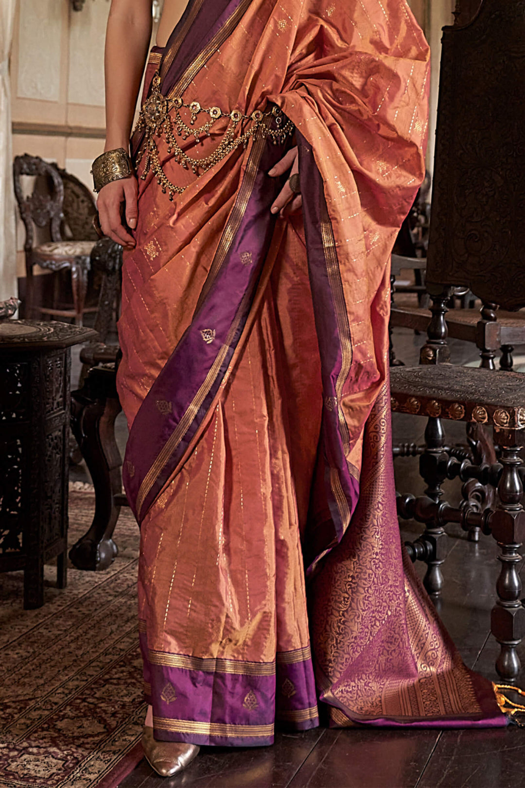 Dark Peach Banarasi Tussar Silk Saree