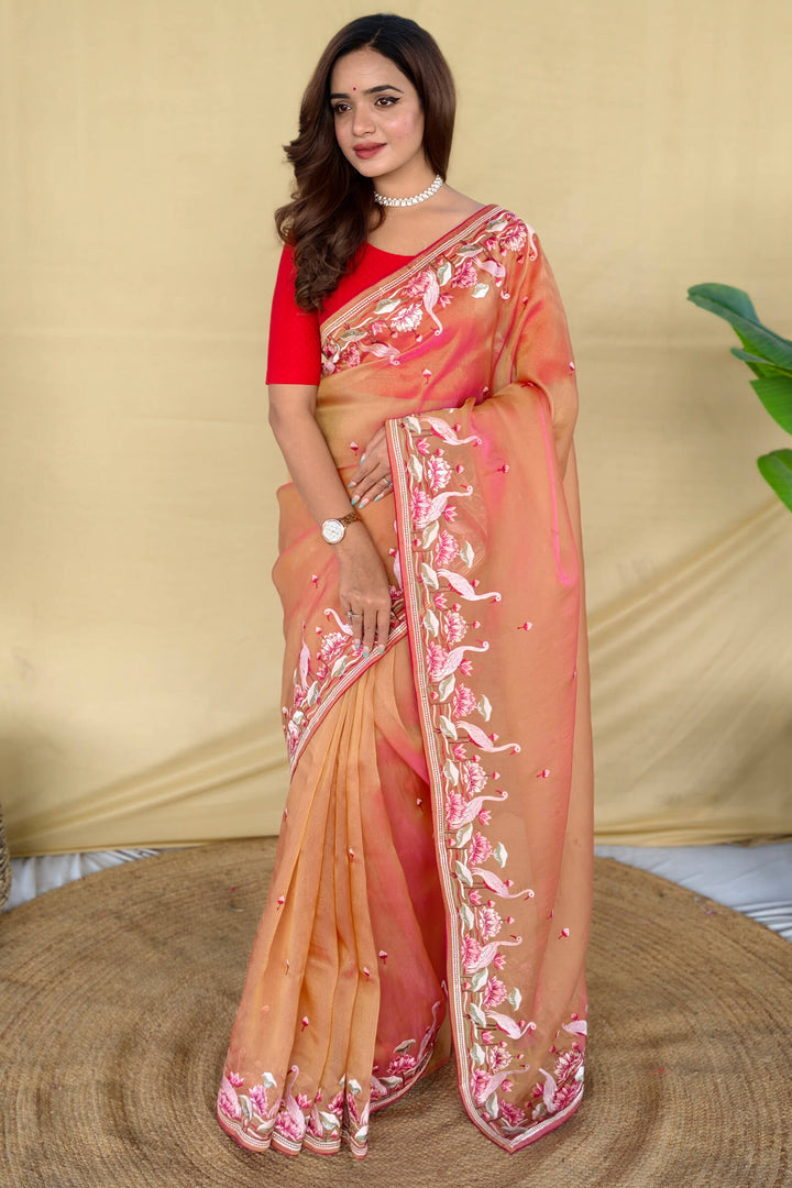 Dark Peach Embroiedery Work Two Tone Silk Saree