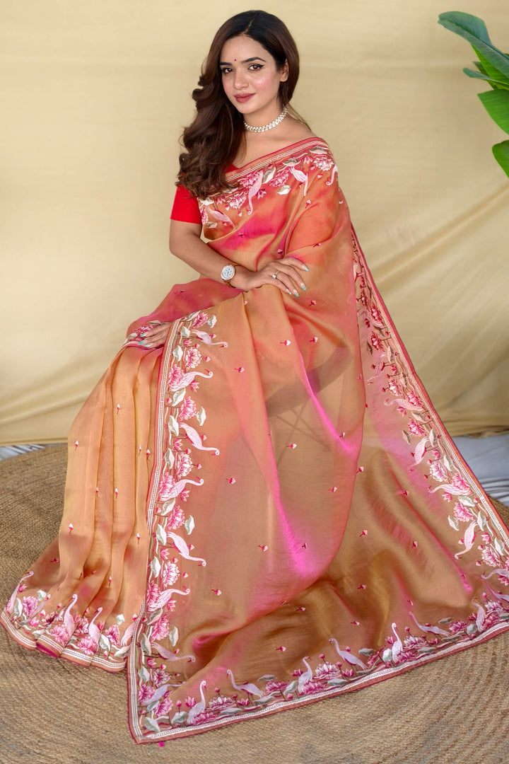 Dark Peach Embroiedery Work Two Tone Silk Saree