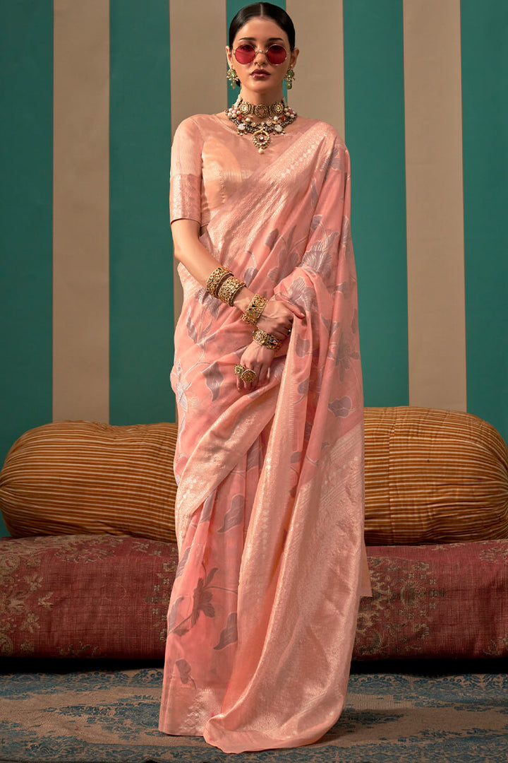 Dark Peach Handloom Linen Silk Saree