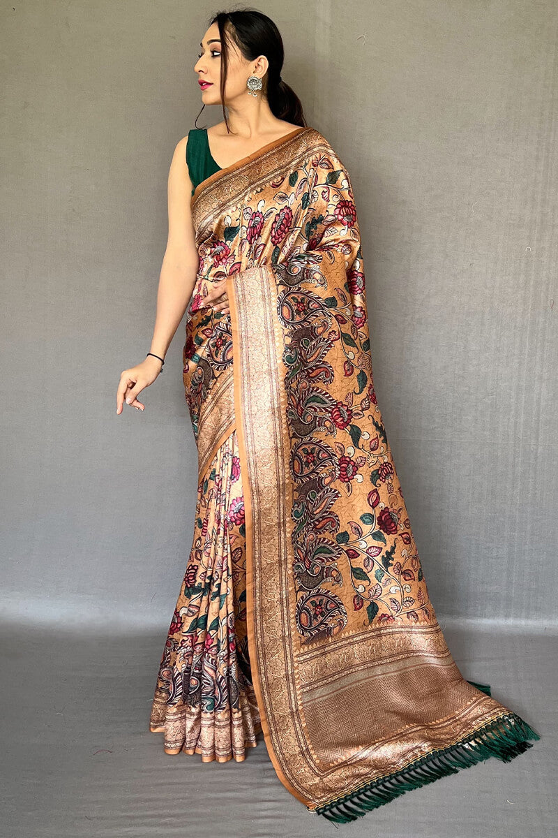 Dark Peach Kalamkari Printed Soft Silk Saree