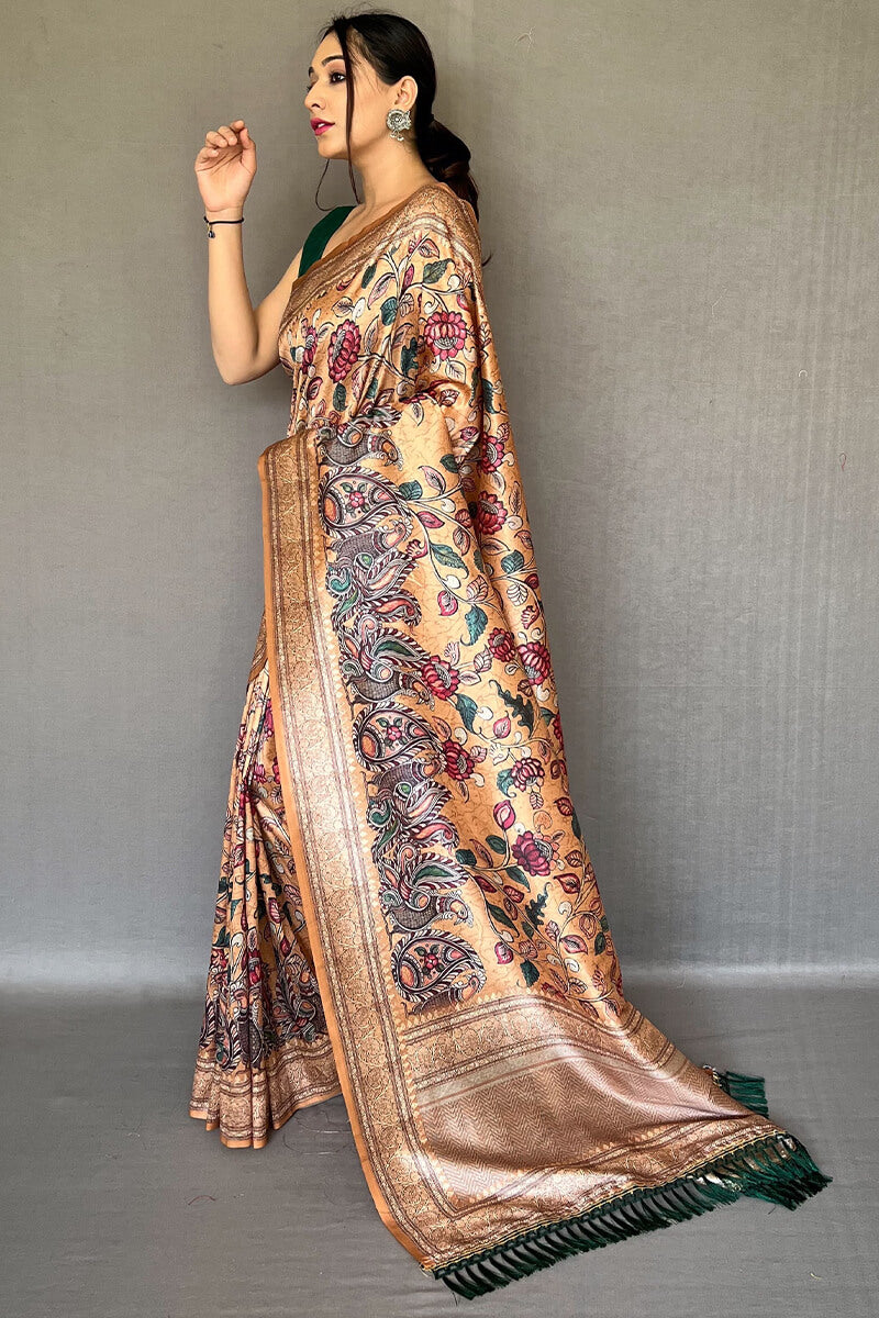 Dark Peach Kalamkari Printed Soft Silk Saree