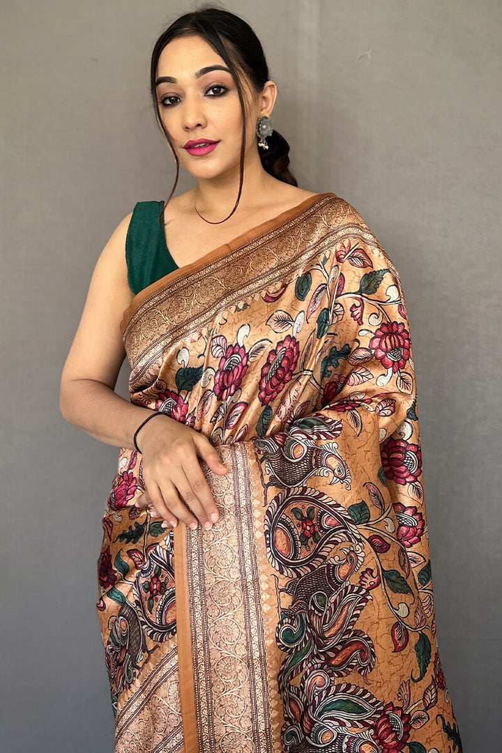 Dark Peach Kalamkari Printed Soft Silk Saree