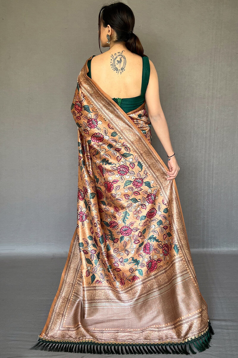 Dark Peach Kalamkari Printed Soft Silk Saree