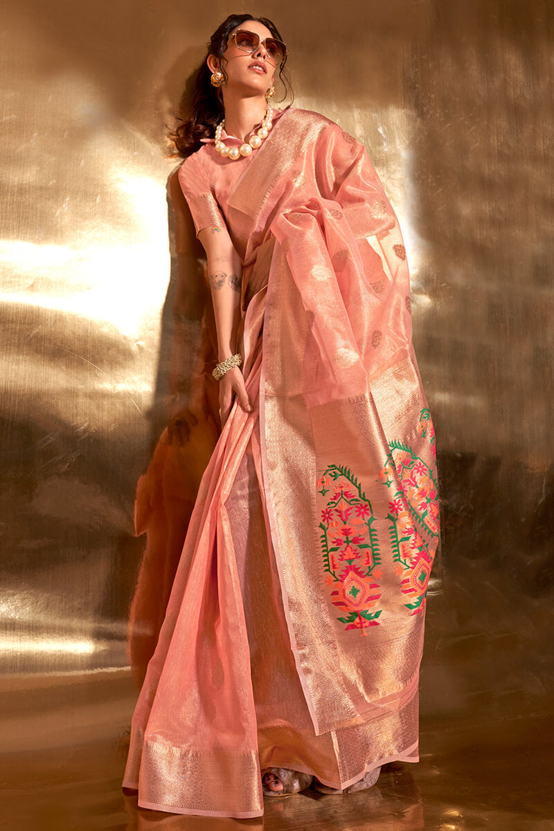 Dark peach tusser silksaree with unique zari stripes all over its  body,contrast zari border & pallu of intricate designs