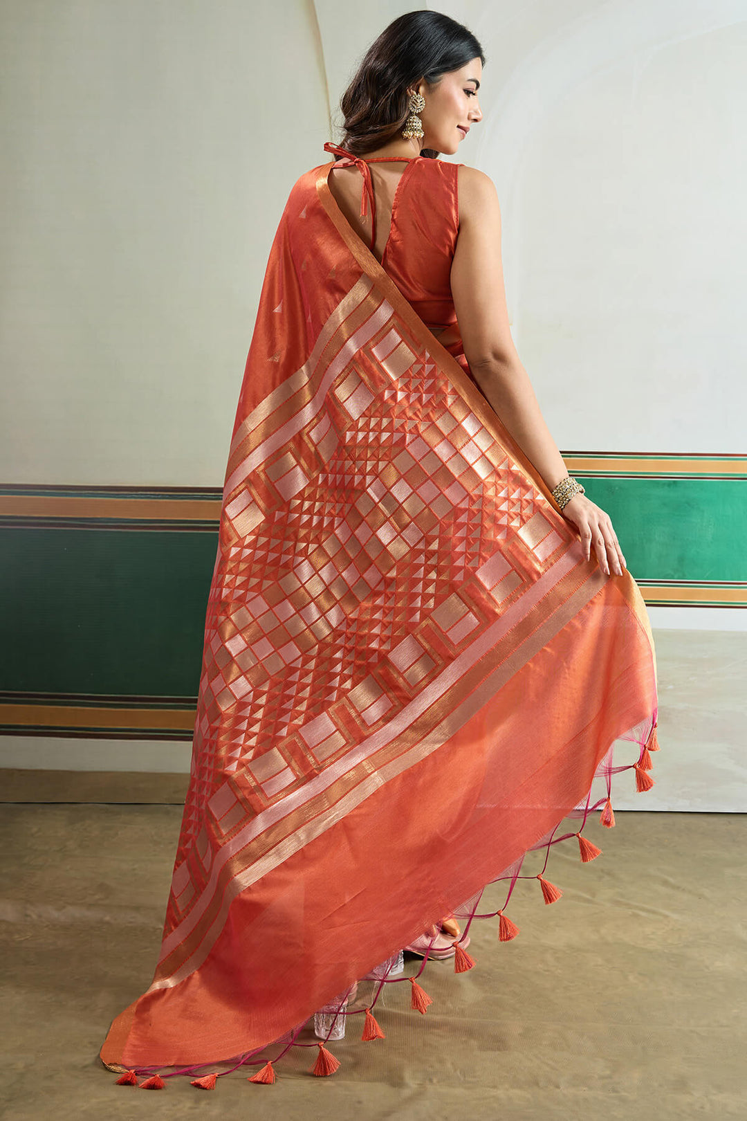 Dark Peach Woven Tussar Silk Saree