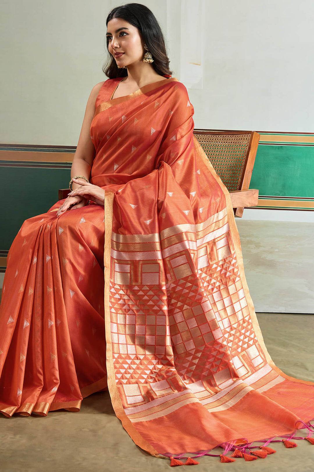 Dark Peach Woven Tussar Silk Saree