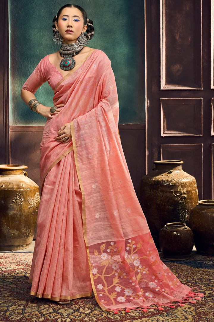 Dark Peach Zari Woven Munga Cotton Saree