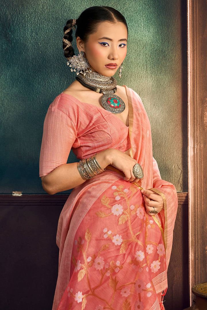 Dark Peach Zari Woven Munga Cotton Saree