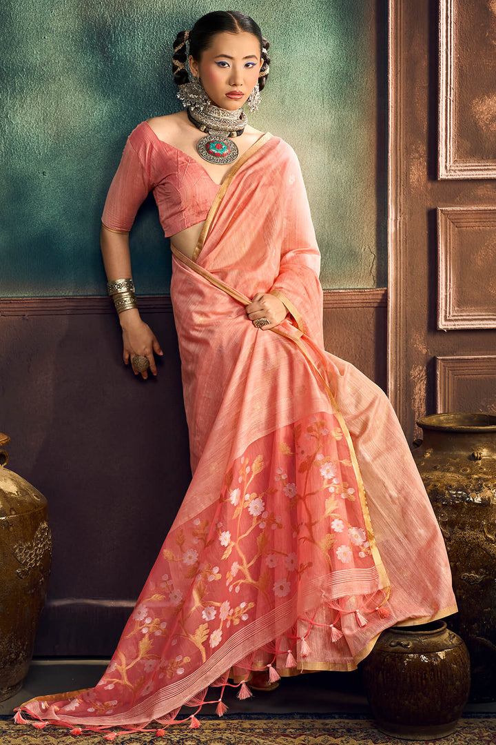Dark Peach Zari Woven Munga Cotton Saree