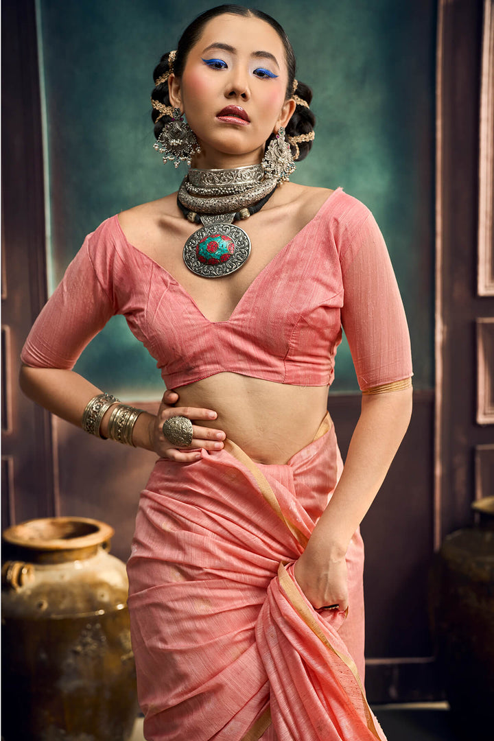 Dark Peach Zari Woven Munga Cotton Saree