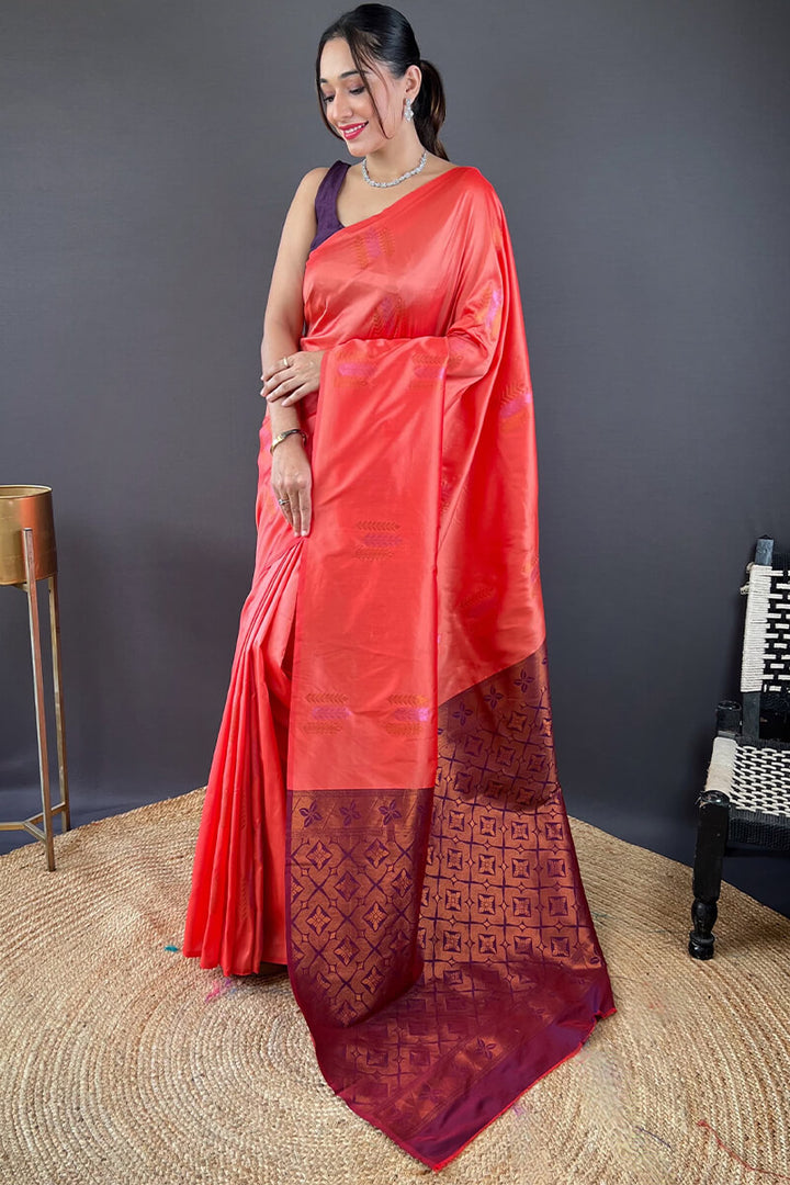 Dark Peach Zari Woven Soft Silk Saree