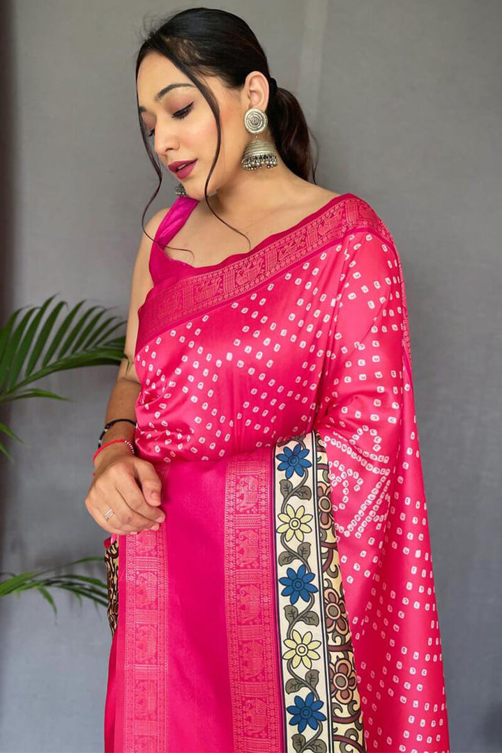 Dark Pink and Beige Bandhej Printed Silk Saree