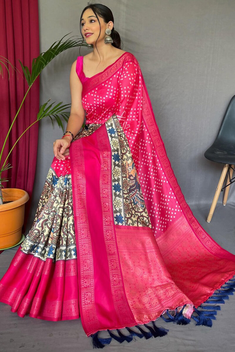 Dark Pink and Beige Bandhej Printed Silk Saree