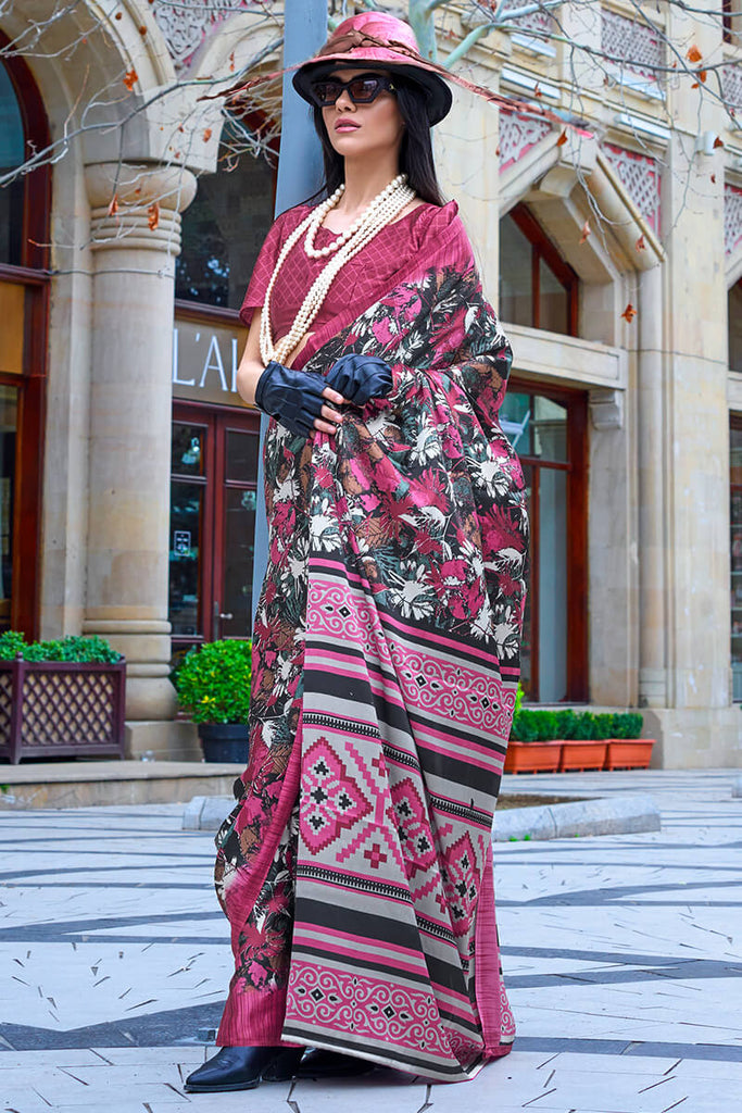 Dark Pink and Black Printed Satin Silk Saree