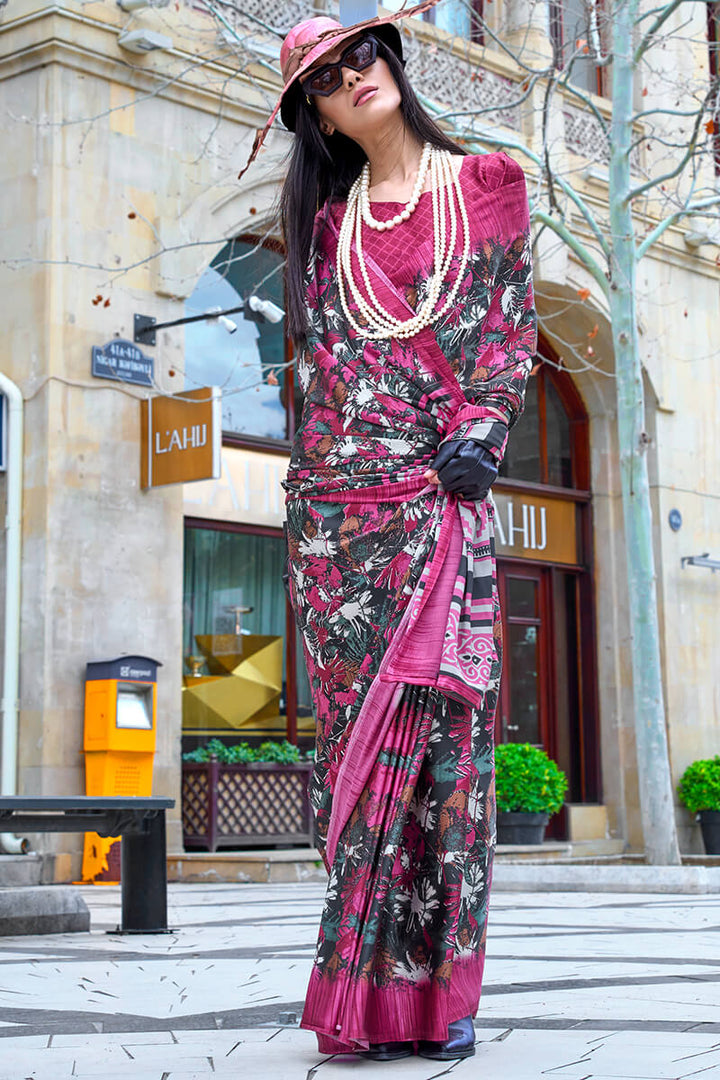 Dark Pink and Black Printed Satin Silk Saree