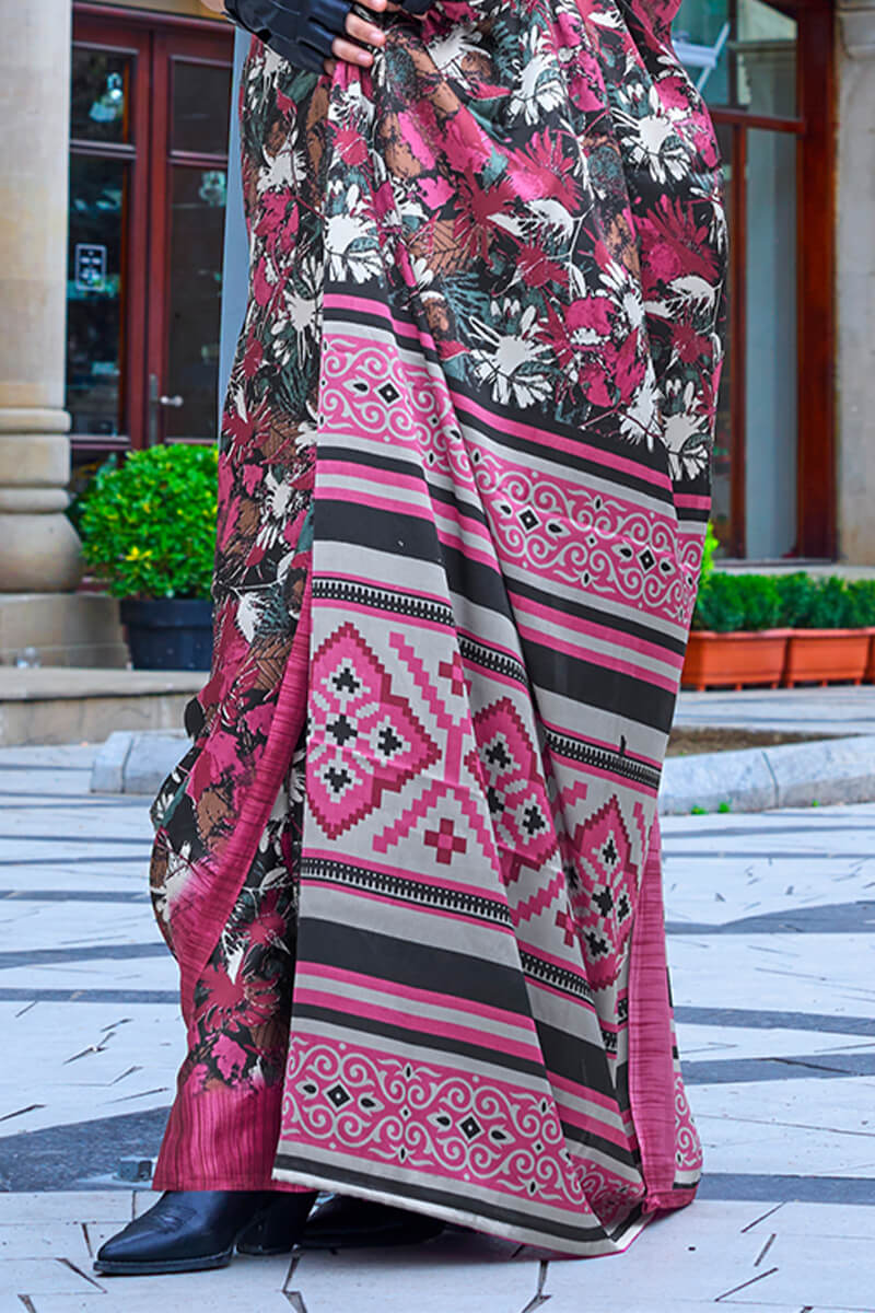 Dark Pink and Black Printed Satin Silk Saree