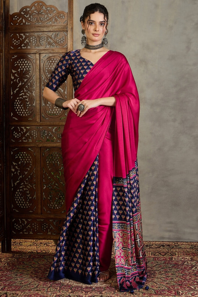 Dark Pink and Blue Ajrakh Printed Satin Silk Saree