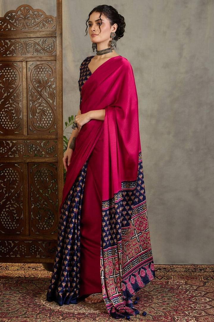 Dark Pink and Blue Ajrakh Printed Satin Silk Saree