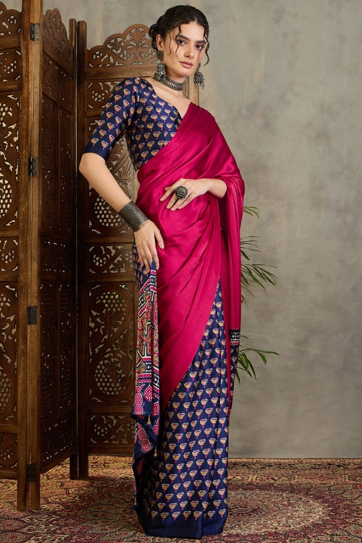 Dark Pink and Blue Ajrakh Printed Satin Silk Saree
