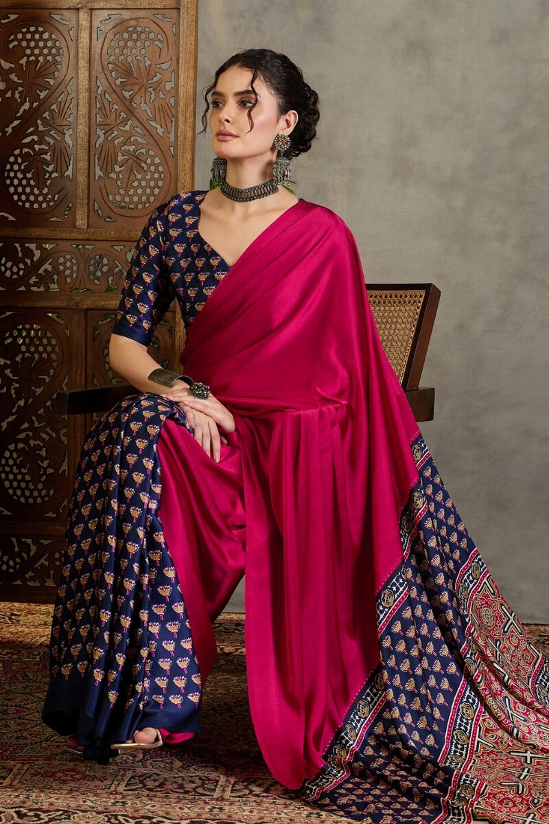 Dark Pink and Blue Ajrakh Printed Satin Silk Saree