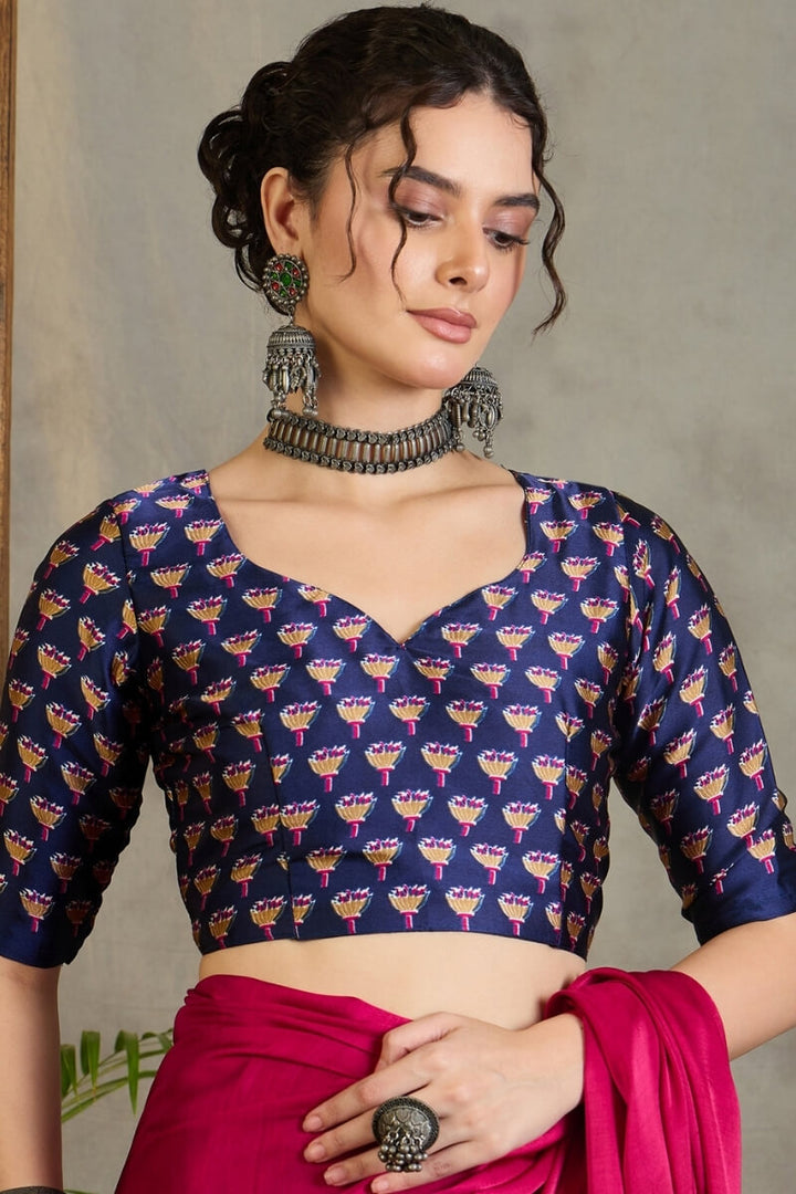 Dark Pink and Blue Ajrakh Printed Satin Silk Saree