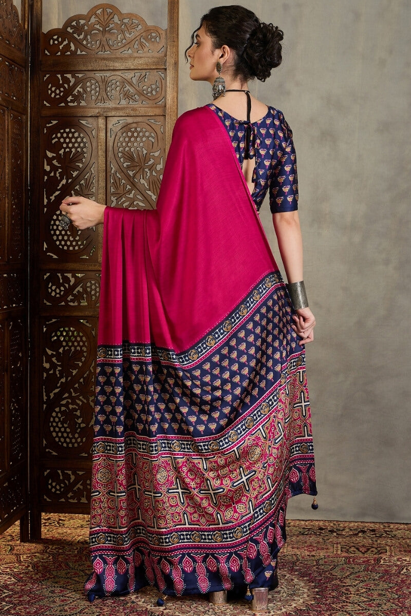 Dark Pink and Blue Ajrakh Printed Satin Silk Saree