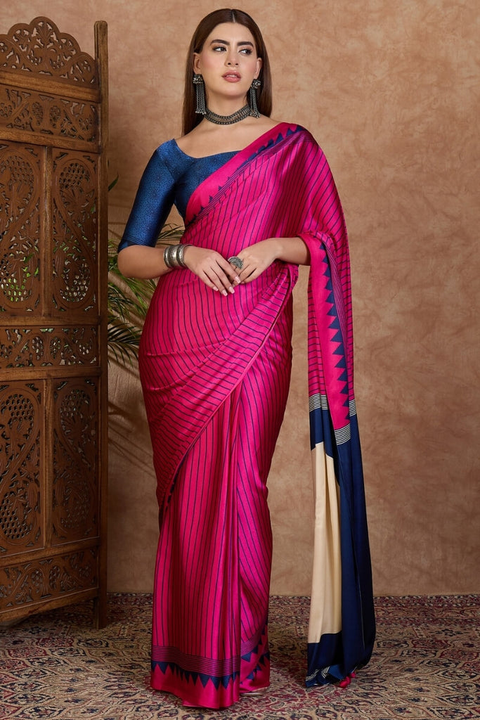 Dark Pink and Blue Stripe Ajrakh Printed Satin Silk Saree