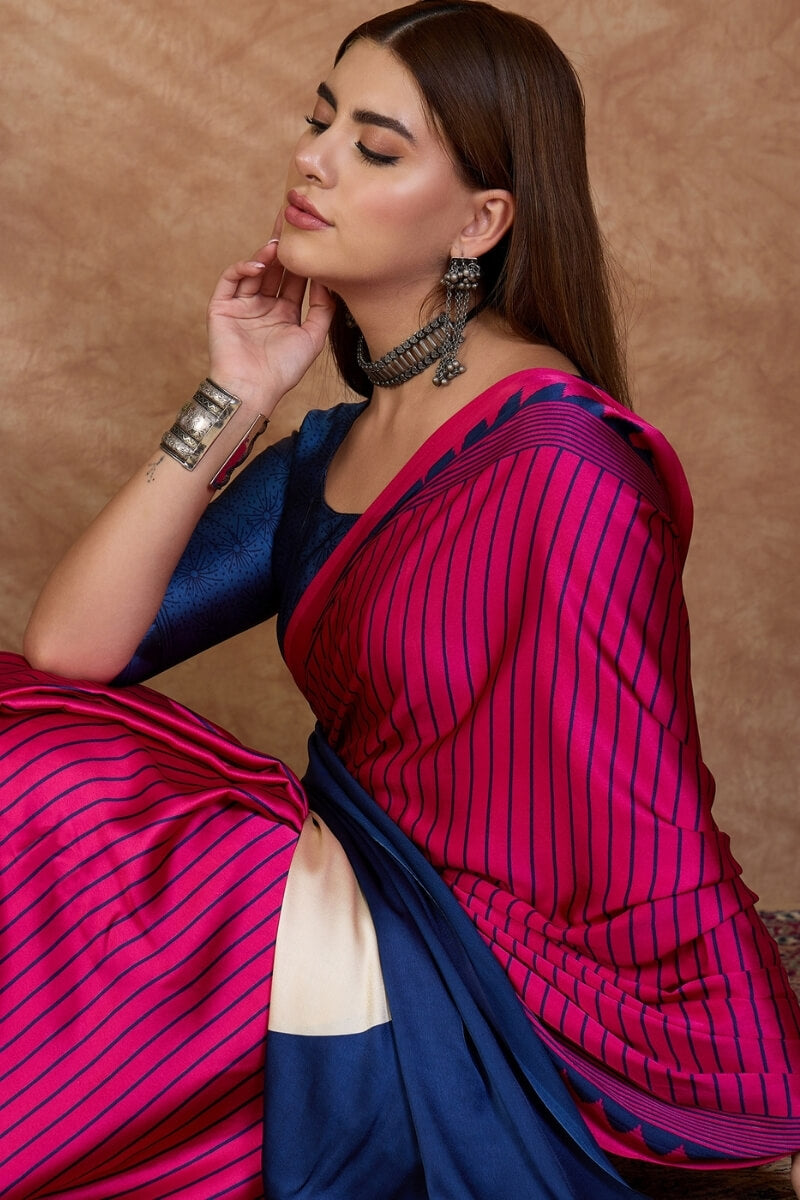 Dark Pink and Blue Stripe Ajrakh Printed Satin Silk Saree