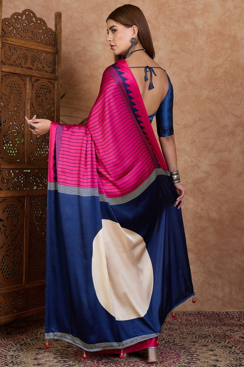 Dark Pink and Blue Stripe Ajrakh Printed Satin Silk Saree