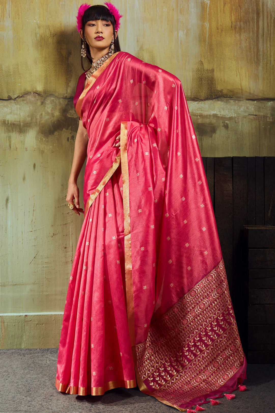 Dark Pink Banarasi Handloom silk saree